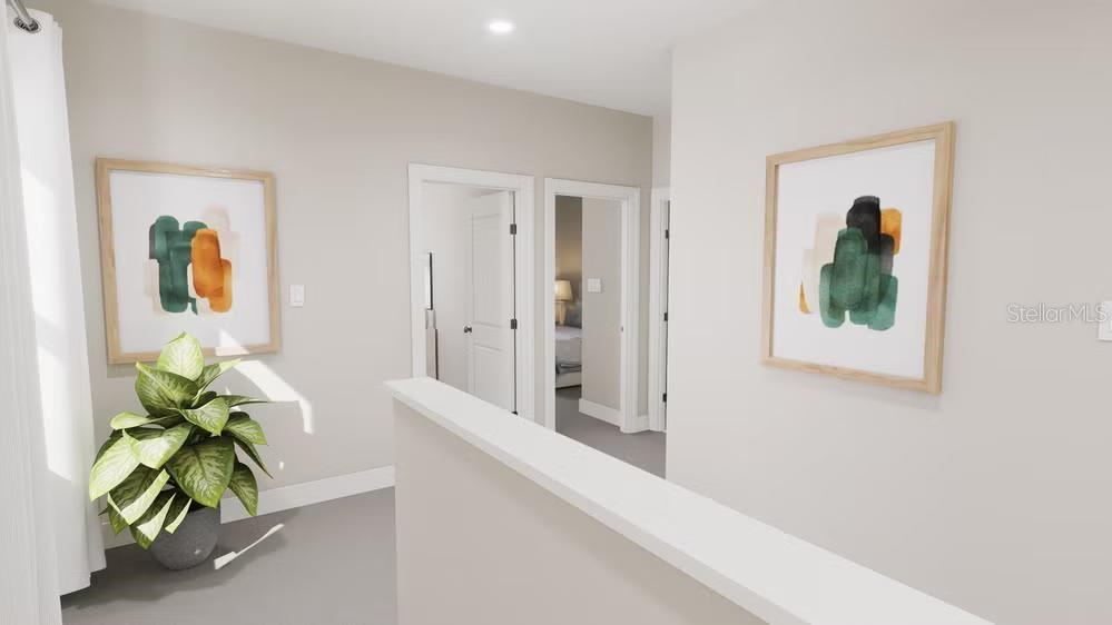 This rendering shows a hallway with gray carpet, two framed abstract paintings, and a plant — 13307 PEACEFUL MELODY DRIVE, WINTER GARDEN, FL