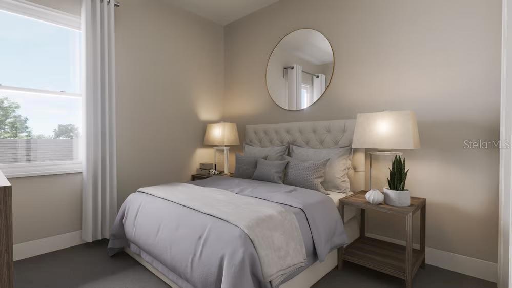 This is a rendering of a bedroom featuring a bed, two nightstands, and a round mirror — 13307 PEACEFUL MELODY DRIVE, WINTER GARDEN, FL