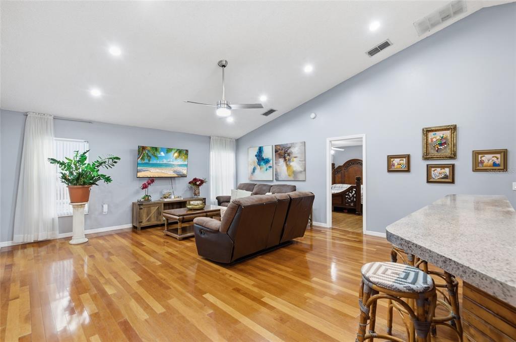A living room with hardwood floors, a brown sofa, a television, and a ceiling fan — 2402 ACCORD TERRACE, KISSIMMEE, FL