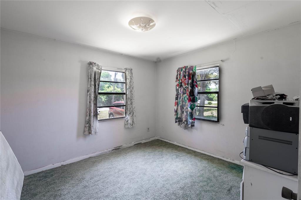 A bedroom with light gray walls, green carpeting, two windows with curtains, and a ceiling light — 6281 SE HAMES ROAD, BELLEVIEW, FL