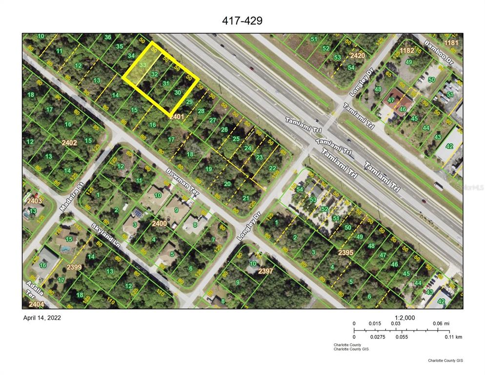 This is a tax map showing property lot lines and street layouts in a residential area — 417 TAMIAMI TRAIL, PORT CHARLOTTE, FL