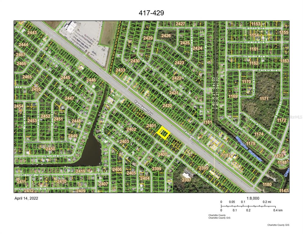 This is a map showing property parcels and street layouts in a residential area — 417 TAMIAMI TRAIL, PORT CHARLOTTE, FL