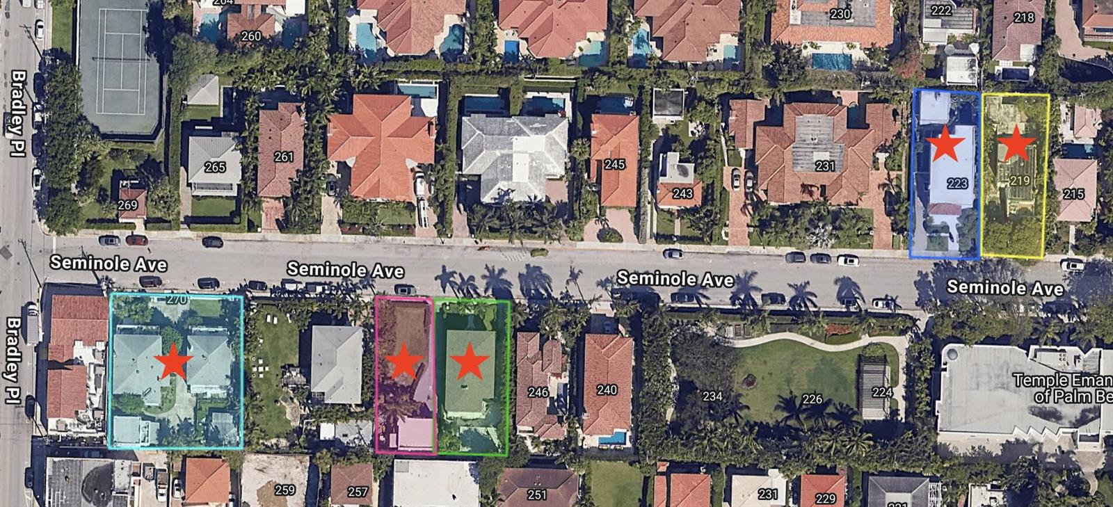 This is an aerial map showing several residential properties on a street with highlighted lots — 250 Seminole Avenue, Palm Beach FL 33480, PALM BEACH, FL