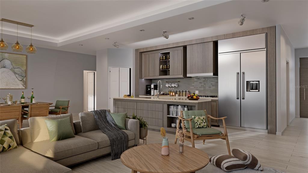 This is a rendering of an open-concept kitchen and living area with modern wood cabinetry — 15897 MELPORT CIRCLE, PORT CHARLOTTE, FL