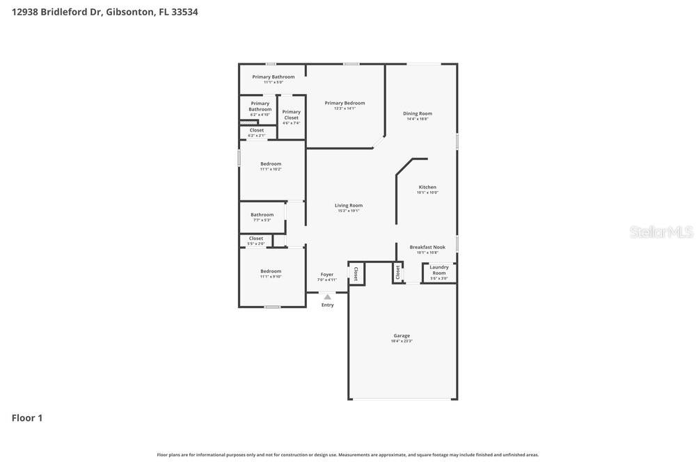 This is a floor plan for a single-story residential home with a garage — 12938 BRIDLEFORD DRIVE, GIBSONTON, FL