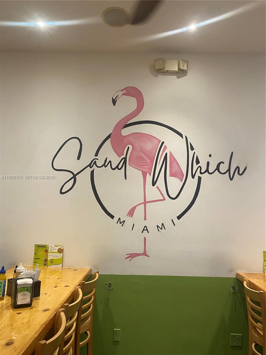 A wall features a painted flamingo logo for a restaurant named Sand Which Miami — 34 SW 8TH ST, Miami FL 33130, MIAMI, FL