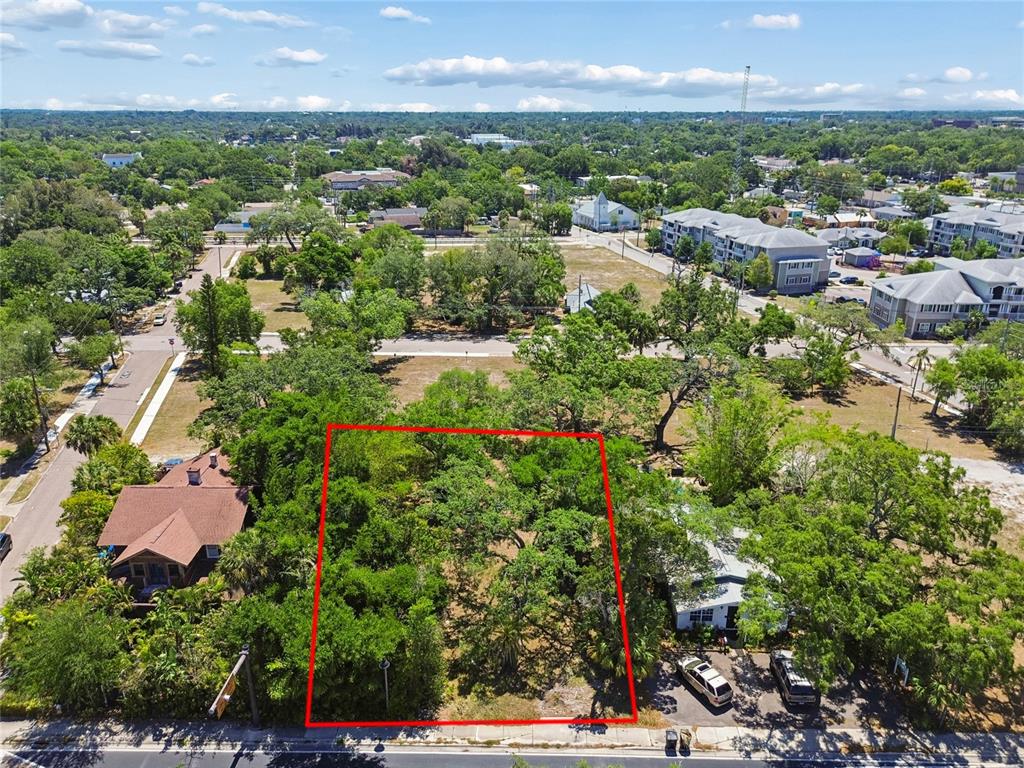 An aerial view shows a rectangular, tree-covered vacant lot outlined in red along a street — 809 N FORT HARRISON AVENUE, CLEARWATER, FL