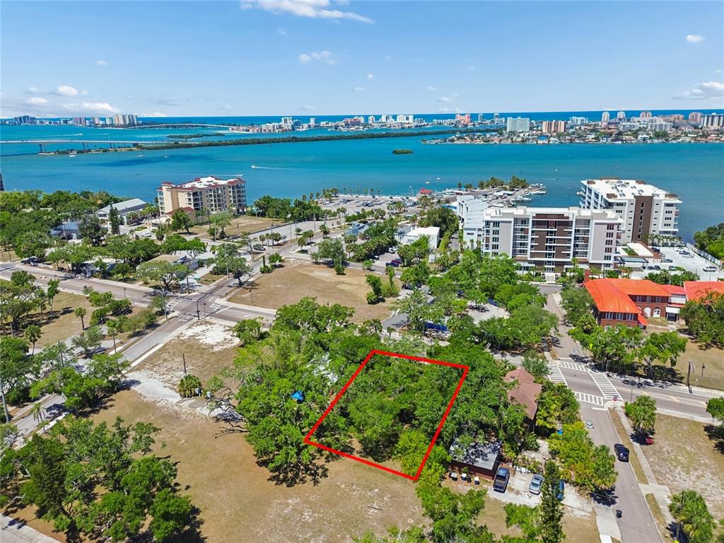 An aerial view shows a rectangular wooded lot outlined in red near a coastal waterfront — 809 N FORT HARRISON AVENUE, CLEARWATER, FL
