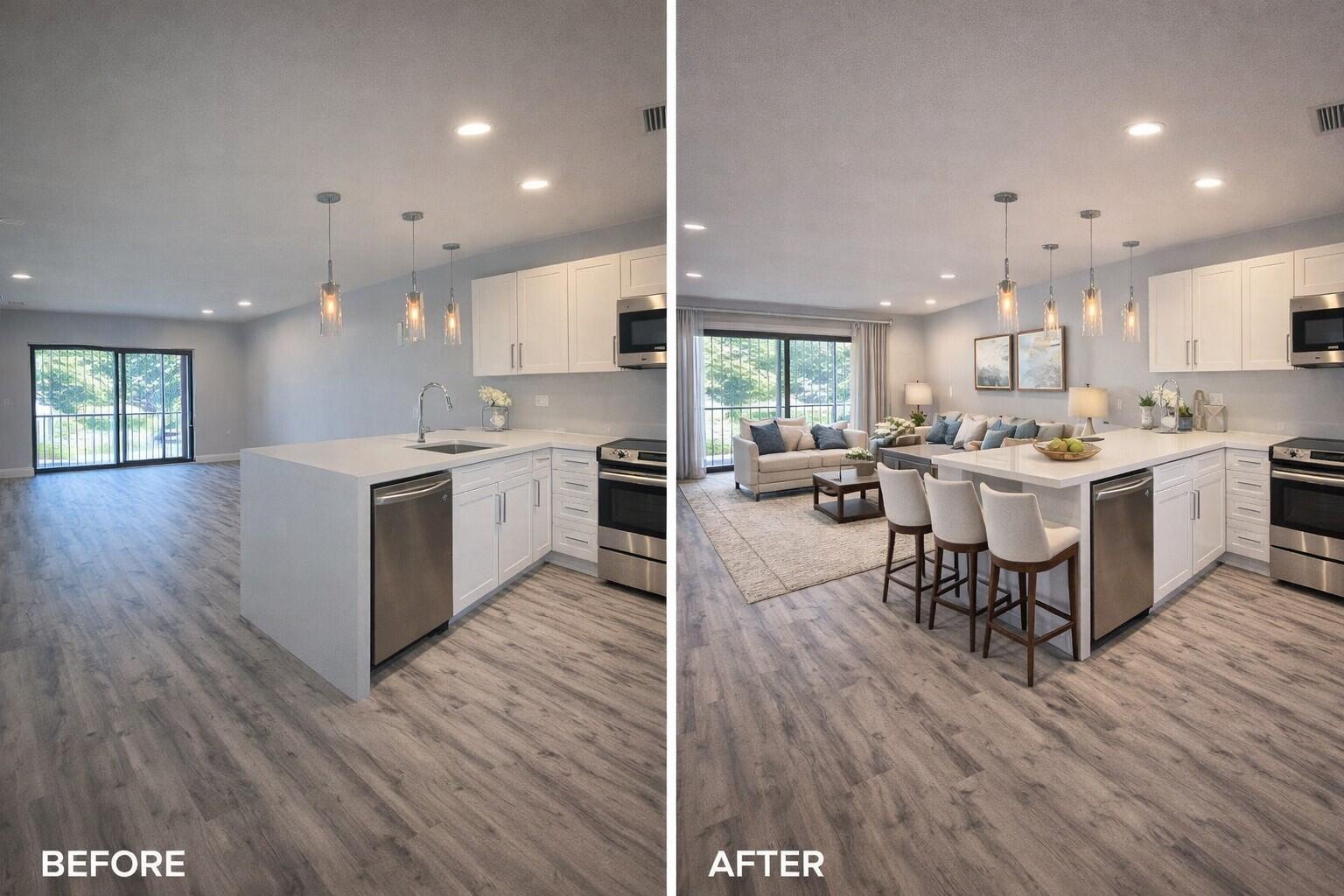 A split-screen image showing a kitchen and living area before and after virtual staging — 21766 Cypress Drive # g, Boca Raton FL 33433, BOCA RATON, FL