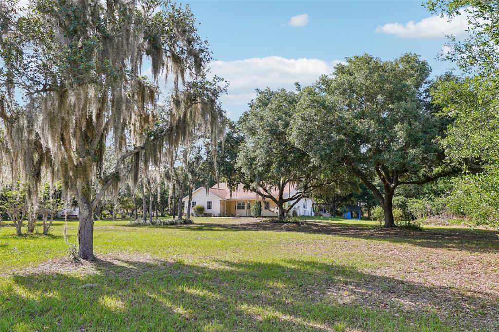 A single-story house sits in a large, grassy yard shaded by several mature oak trees — 204 JEFFERSON DRIVE, LAKE PLACID, FL