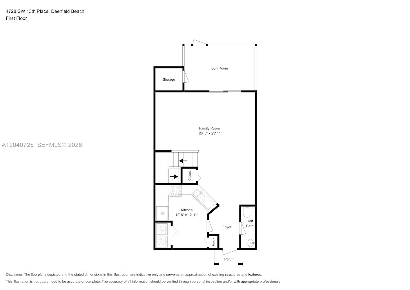 This is a floor plan of a first-floor layout featuring a kitchen, family room, and sunroom — DEERFIELD BEACH, FL
