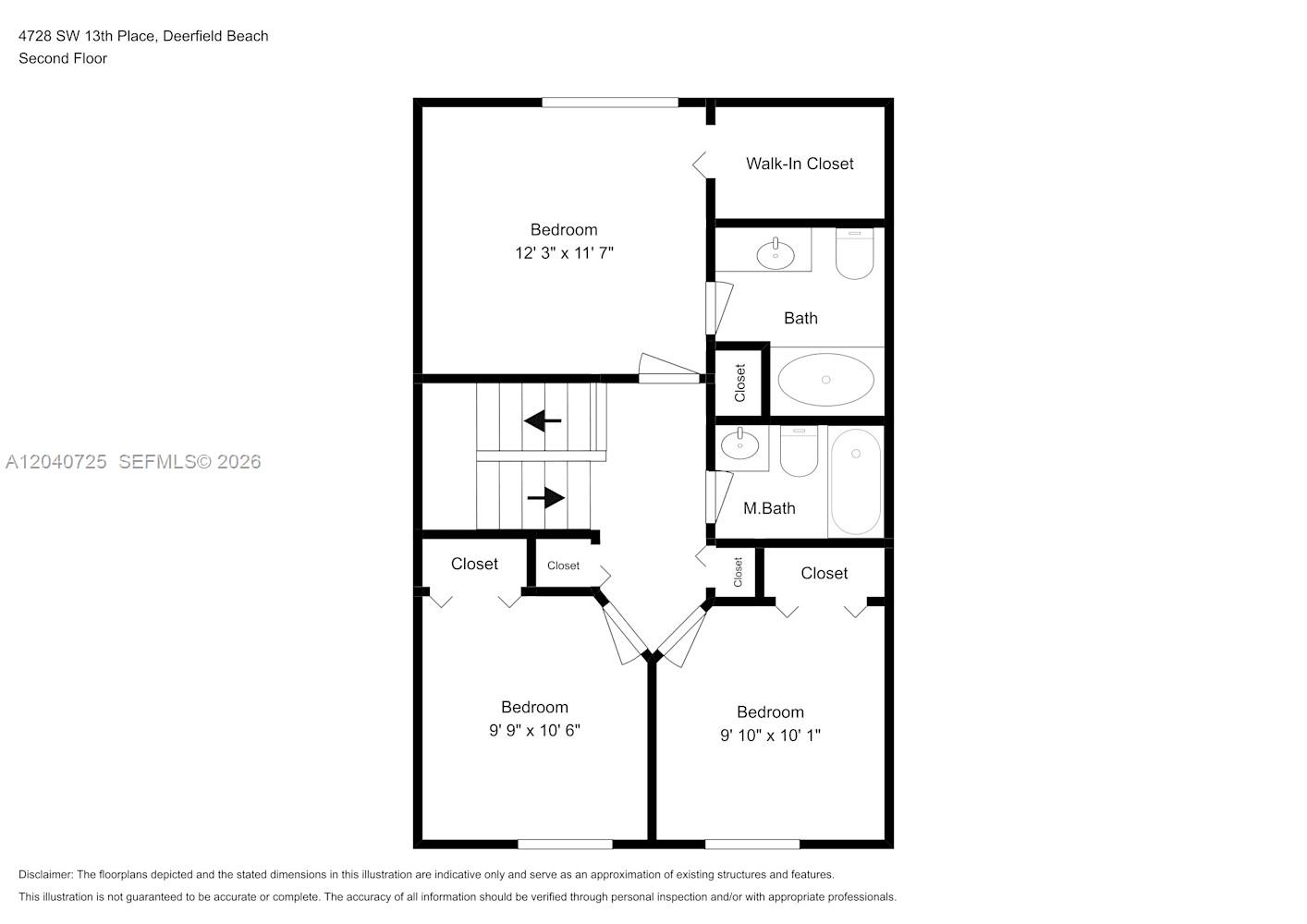 This floor plan shows the second level of a home with three bedrooms and two bathrooms — DEERFIELD BEACH, FL
