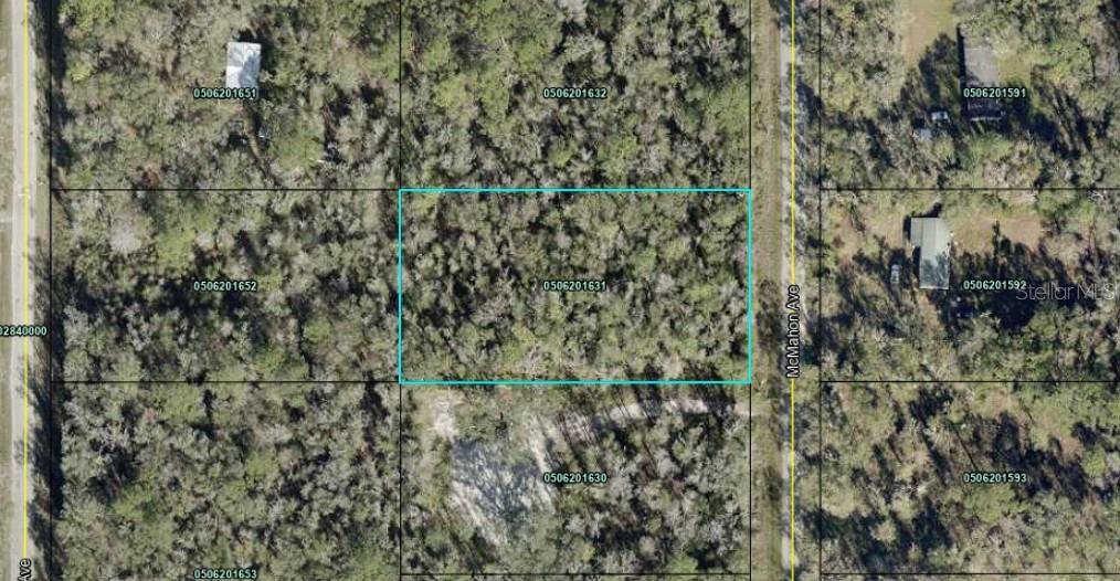 This is an aerial map view showing a rectangular parcel of land outlined in blue — 10730 BECKENGER AVENUE, HASTINGS, FL