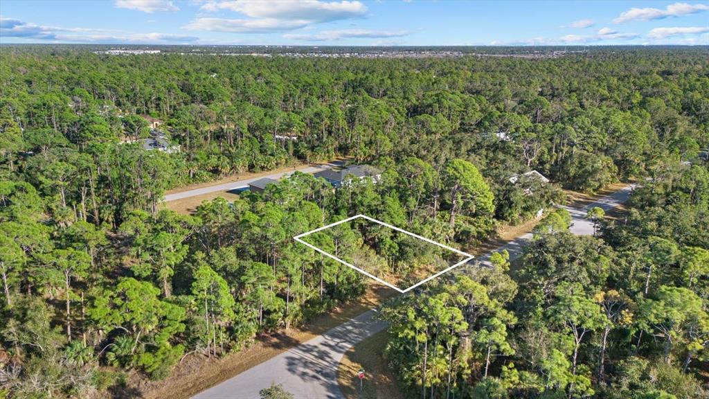 An aerial view shows a vacant, wooded residential lot outlined in white near a paved road — 15074 CANNELL LANE, PORT CHARLOTTE, FL