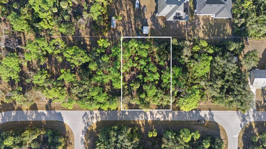 An aerial view shows a rectangular, wooded vacant lot outlined in white along a road — 15074 CANNELL LANE, PORT CHARLOTTE, FL