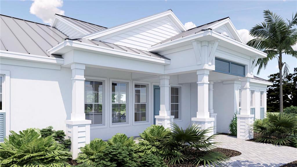 This is a digital rendering of the exterior of a white house with a porch — 201 JEFFERSON AVENUE, SARASOTA, FL