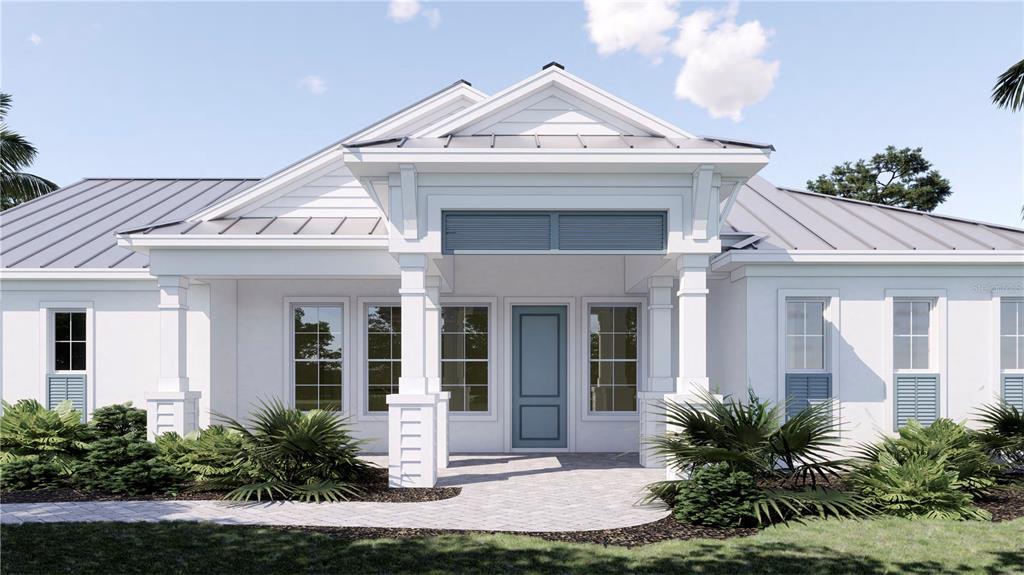 This is a rendering of the exterior front entrance of a white single-story house — 201 JEFFERSON AVENUE, SARASOTA, FL