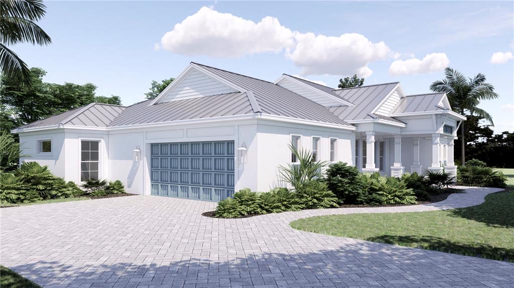 This is a rendering of a white single-story house with a metal roof and garage — 201 JEFFERSON AVENUE, SARASOTA, FL