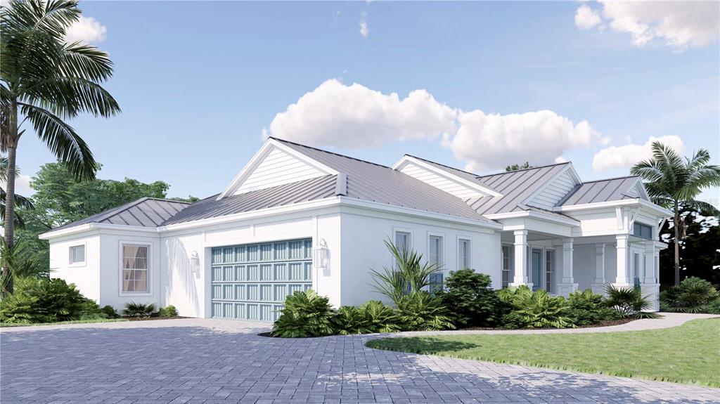 This is a rendering of a white single-story house with a metal roof and garage — 201 JEFFERSON AVENUE, SARASOTA, FL