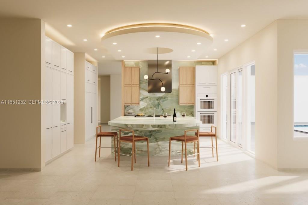 This rendering shows a modern kitchen with a green stone island and light wood cabinetry — 3314 Lowson Blvd, Delray Beach FL 33445, DELRAY BEACH, FL