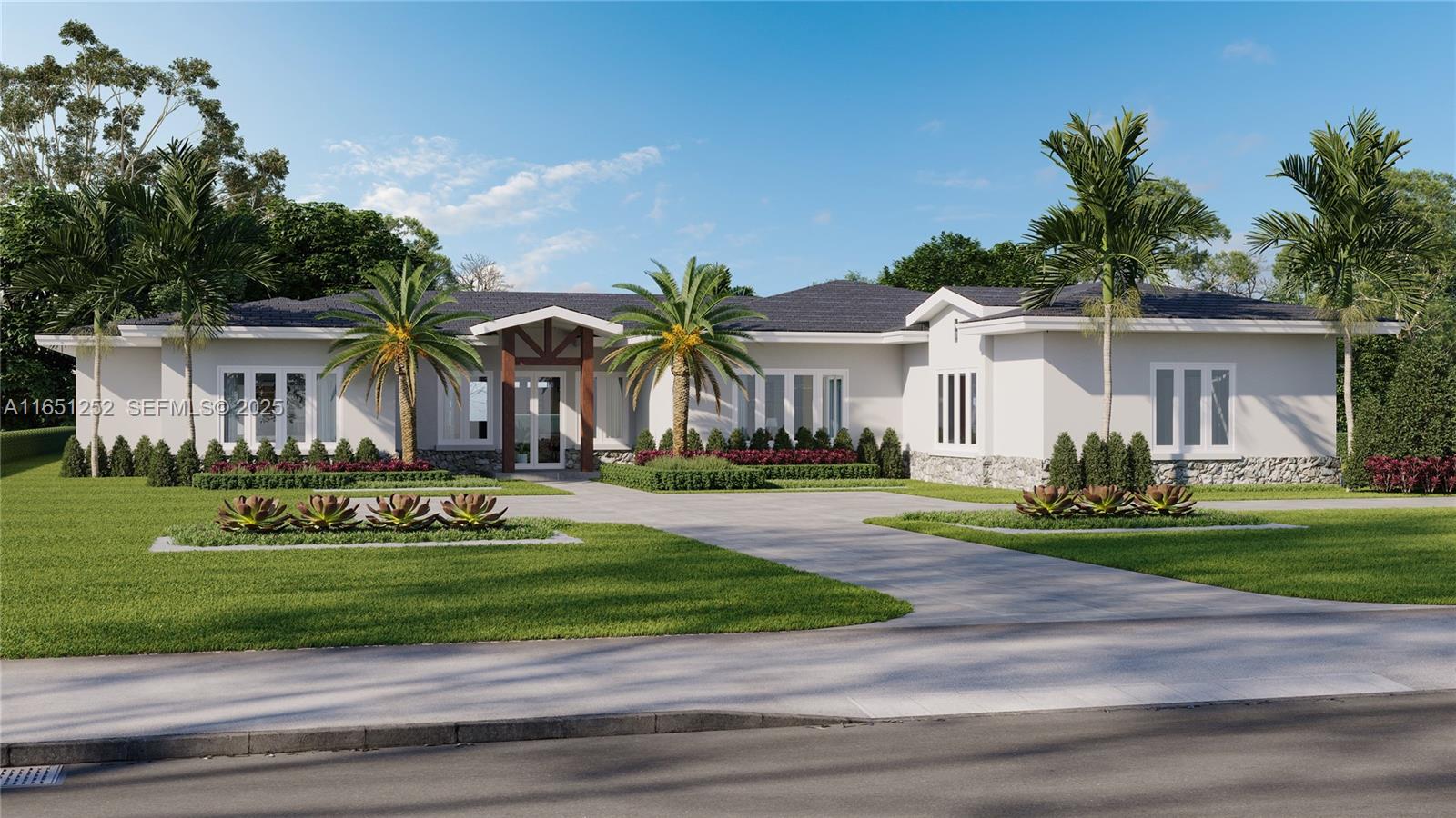 This is a digital rendering of a single-story house with a stone base and driveway — 3314 Lowson Blvd, Delray Beach FL 33445, DELRAY BEACH, FL