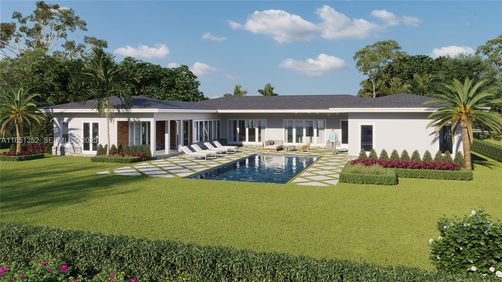 This is a rendering of a modern single-story house with a pool and patio — 3314 Lowson Blvd, Delray Beach FL 33445, DELRAY BEACH, FL