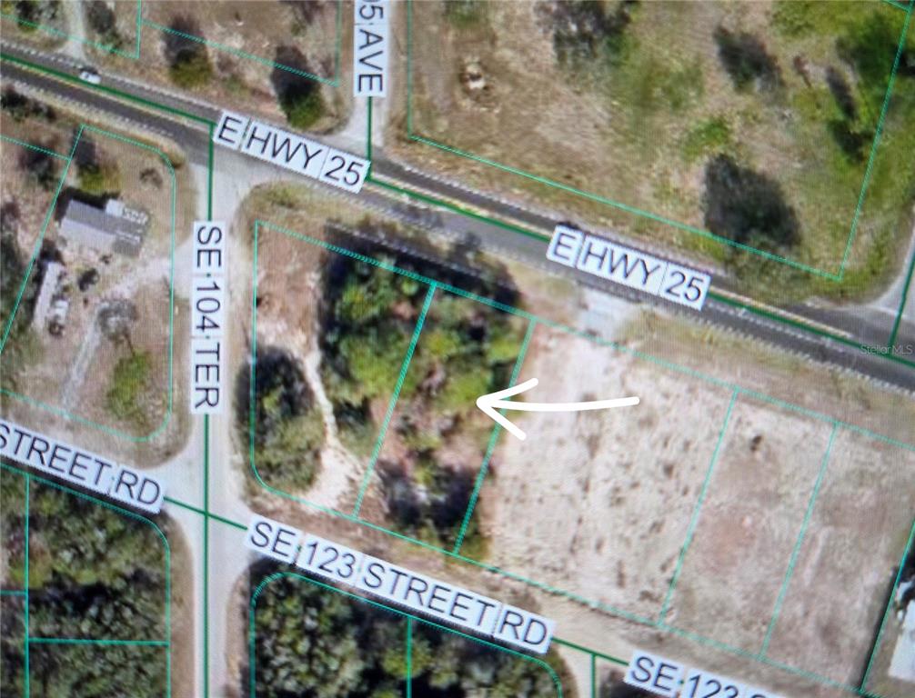 This is an aerial map showing a vacant lot outlined in green near a road intersection — E HWY 25, BELLEVIEW, FL