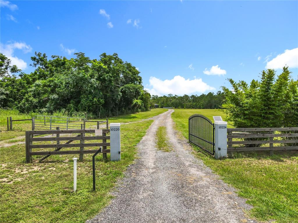 A gravel driveway leads through an open gate toward a large, grassy field — 10220 & 10224 BAY LAKE ROAD, GROVELAND, FL