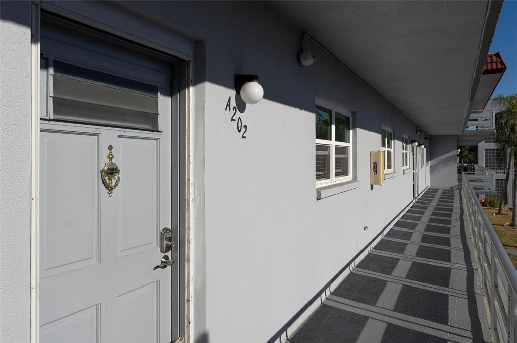 An exterior view of a gray apartment door labeled A202 along a covered walkway — 5660 80TH STREET N UNIT A202, ST PETERSBURG, FL