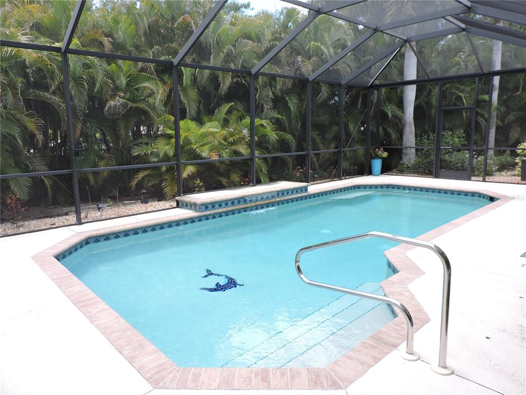 A screened-in swimming pool with a dolphin mosaic tile feature and a metal handrail — 122 CLEAR LAKE DRIVE, ENGLEWOOD, FL