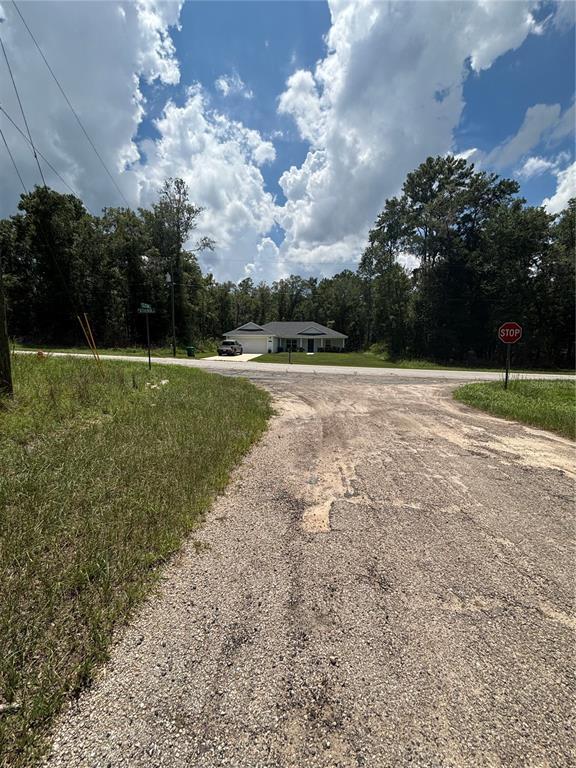 A single-story house sits across a gravel road near a stop sign and wooded area — 875 E ELSTON PLACE, CITRUS SPRINGS, FL