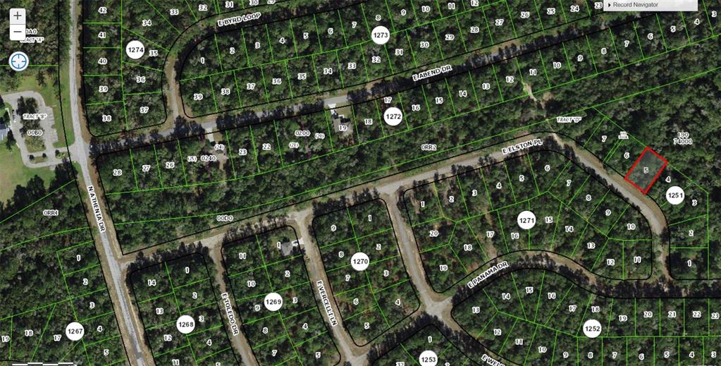 This is a satellite map showing residential lots and streets in a wooded area — 875 E ELSTON PLACE, CITRUS SPRINGS, FL