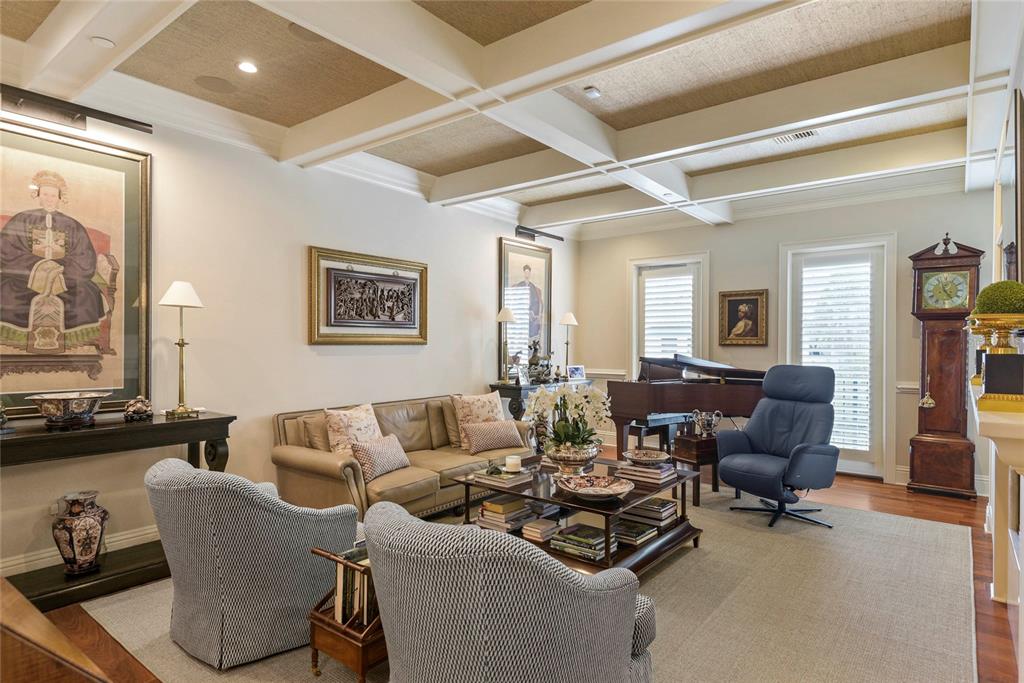 A living room features a coffered ceiling, a grand piano, and traditional furniture — 413 W MORSE BOULEVARD, WINTER PARK, FL