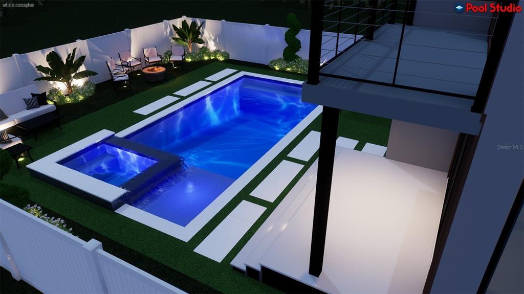 This is a digital rendering of a backyard featuring a rectangular pool with an attached spa — 2521 18TH AVENUE N, ST PETERSBURG, FL