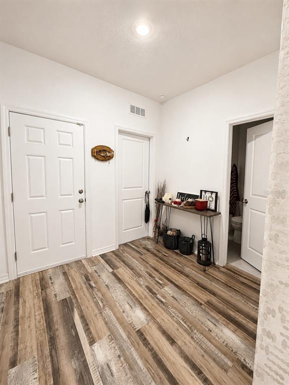 An entryway features wood-look flooring, three white doors, and a narrow console table — 5882 HERDER ROAD, ST CLOUD, FL