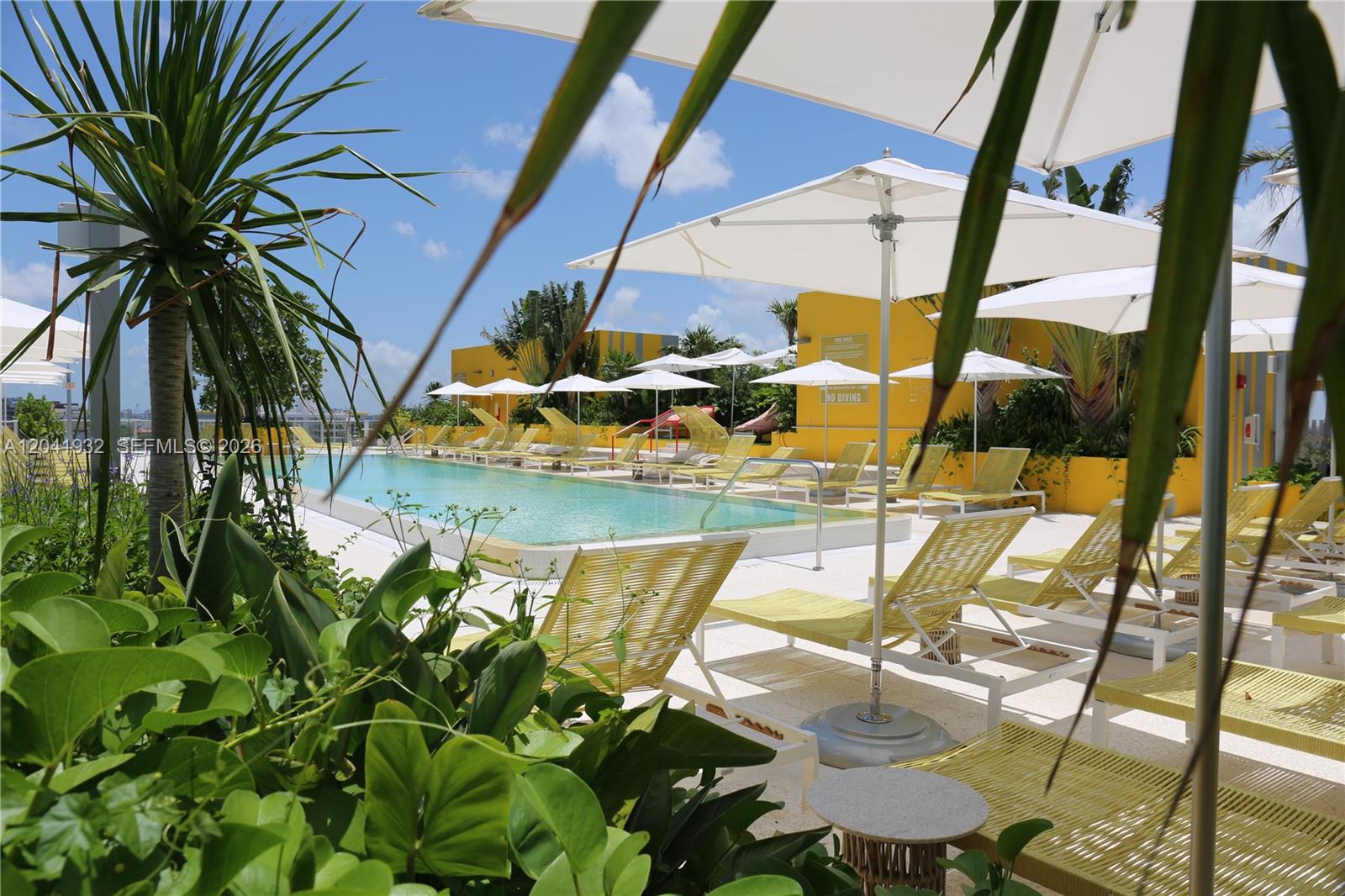 A swimming pool surrounded by yellow lounge chairs and white umbrellas on a sunny patio — 90 NE 32nd St # 802, Miami FL 33137, MIAMI, FL