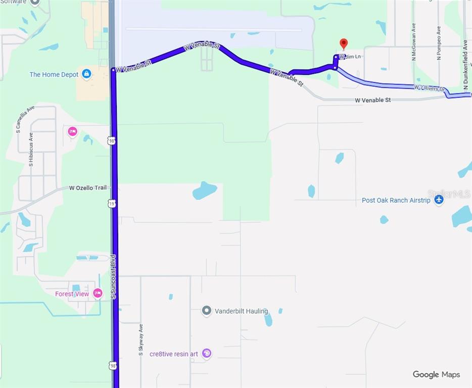 This is a map showing a route along W Venable St near Suncoast Blvd — 7601 W JIM LANE, CRYSTAL RIVER, FL
