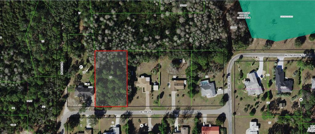 This is an aerial map showing a vacant, wooded residential lot highlighted in red — 7601 W JIM LANE, CRYSTAL RIVER, FL