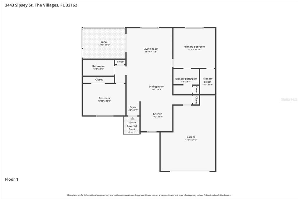 This is a floor plan for a single-story residential home — 3443 SIPSEY STREET, THE VILLAGES, FL