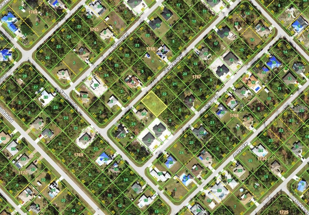This is an aerial map showing residential lots and streets in a suburban neighborhood — 5404 EVEREST TERRACE, PORT CHARLOTTE, FL