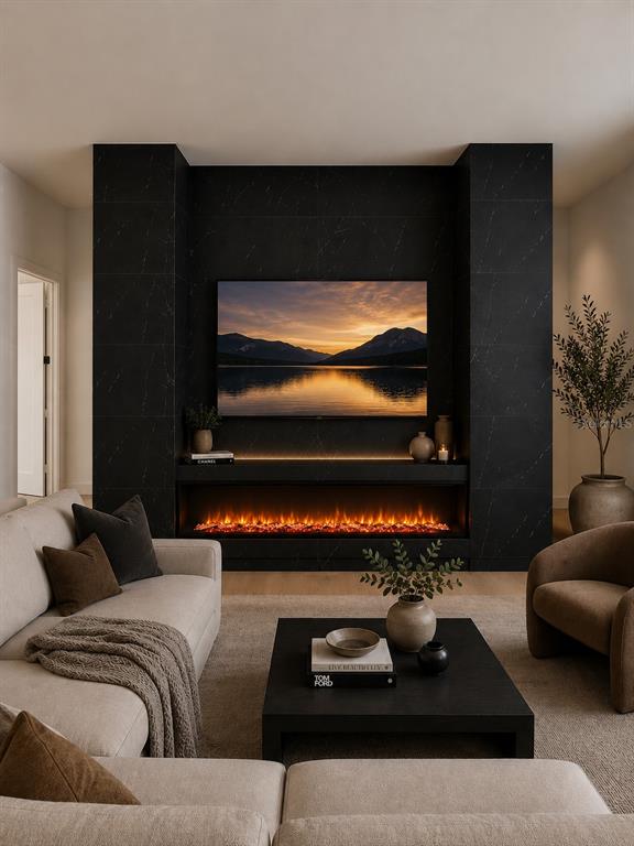 This rendering shows a living room with a black marble fireplace wall and television — 1011 S MORRISON COURT, TAMPA, FL