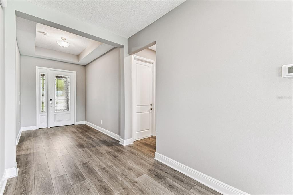 An entryway with gray walls, wood-look flooring, a tray ceiling, and a white front door — 1664 DRUMMOND POINT, ZEPHYRHILLS, FL