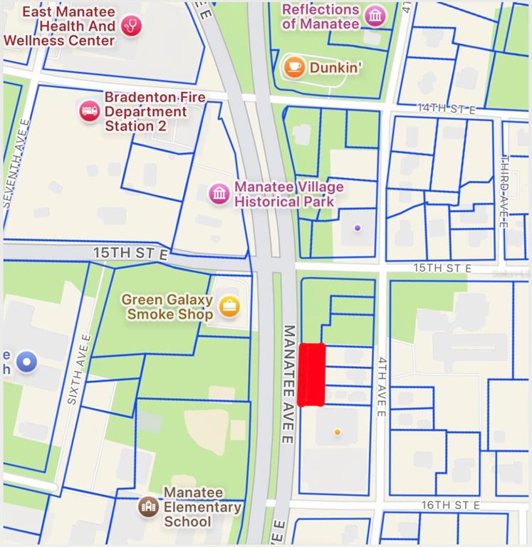 This is a map showing the location of a property highlighted in red — 1519 MANATEE AVENUE E, BRADENTON, FL
