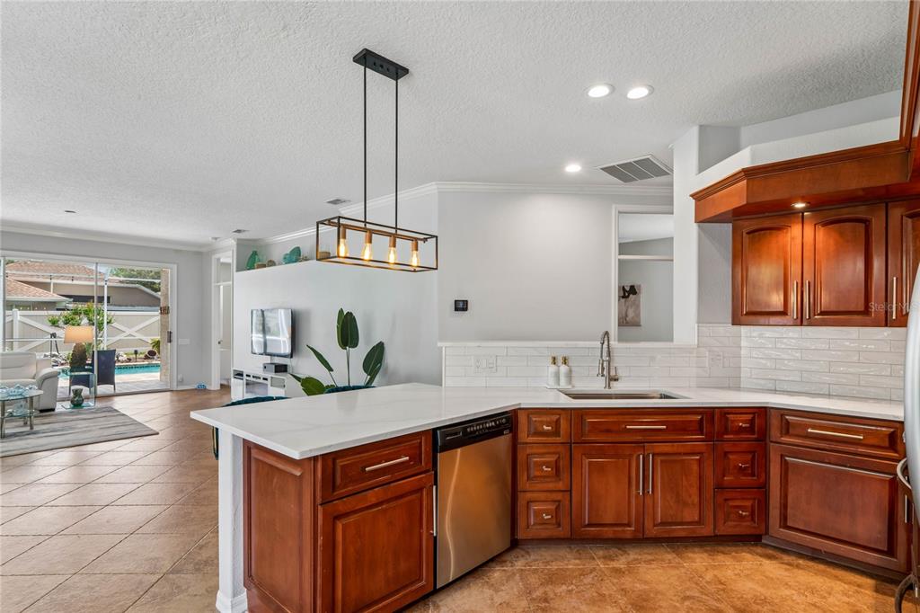 A kitchen features wood cabinets, white countertops, a stainless steel dishwasher, and a pendant light — 4354 BURNBERRY GLEN CT, SPRING HILL, FL