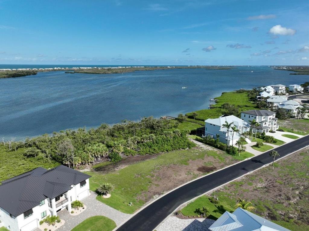 An aerial view shows a waterfront residential area with houses, a road, and vegetation — 10011 EAGLE PRESERVE DRIVE, ENGLEWOOD, FL