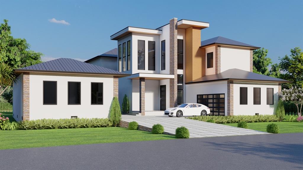This is a digital rendering of a modern two-story house with a stone-accented exterior — 3950 RED ROCK WAY, SARASOTA, FL