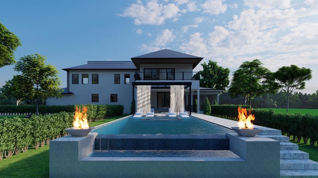 A rendering of a modern house exterior featuring a swimming pool with fire bowls — 3950 RED ROCK WAY, SARASOTA, FL