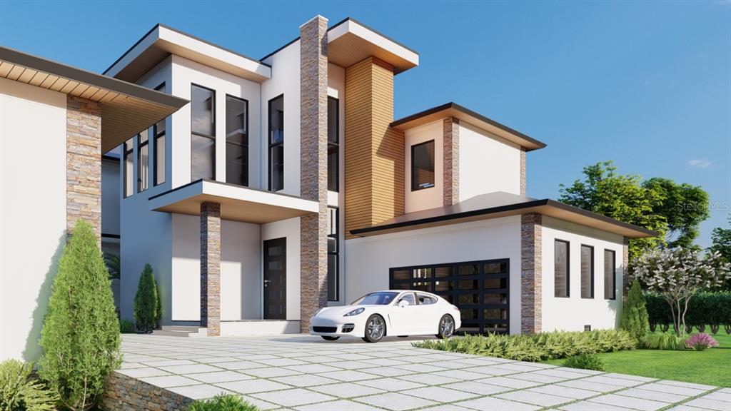 A digital rendering of a modern two-story house with stone accents and a white car — 3950 RED ROCK WAY, SARASOTA, FL