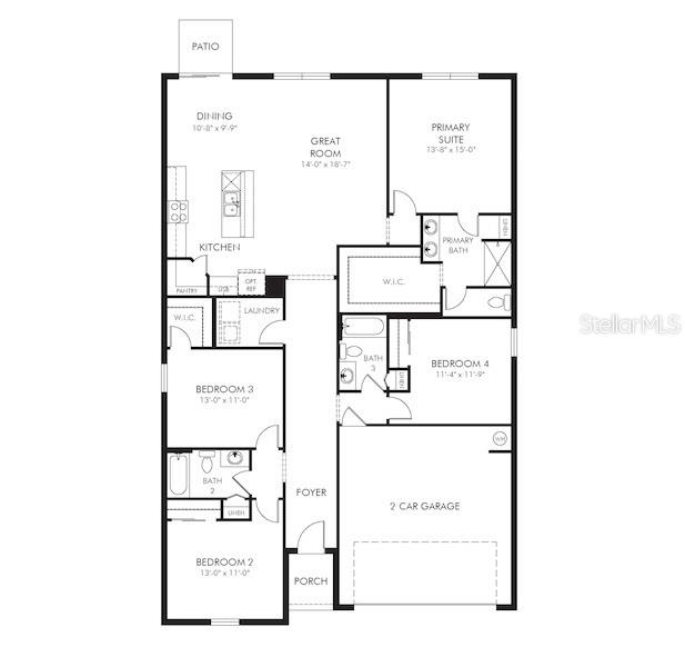 This is a floor plan for a single-story house with four bedrooms and a two-car garage — 1368 OAK VALLEY DRIVE, AUBURNDALE, FL