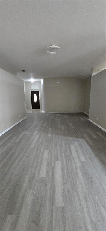 An empty room with gray wood-look flooring, a ceiling fan, and a front entryway door — 1810 GREYSTONE HEIGHTS DRIVE, VALRICO, FL